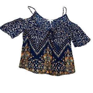 Patrons of Peace Cold Shoulder Top Blue Floral Strappy Boho Shirt SZ M